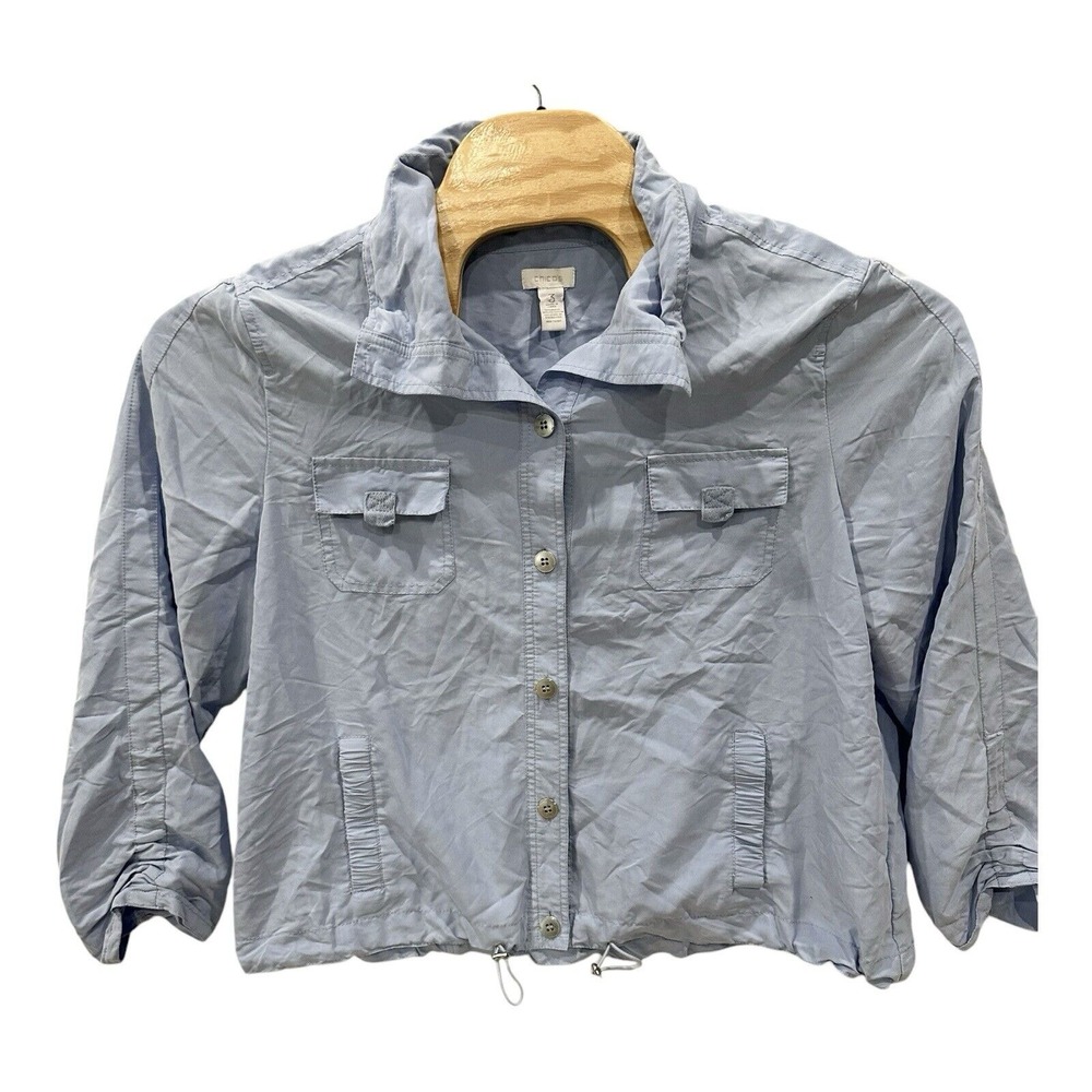 CHICOS Drawstring Blue Jacket‎ Womens 3 Modal Blend 3/4 Sleeve Lightweight